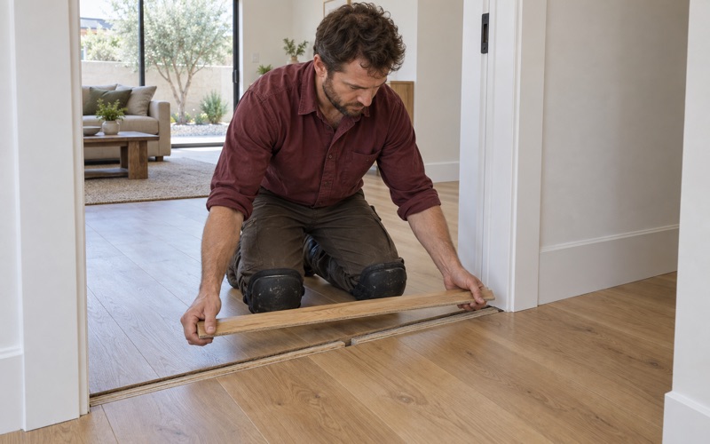 Worker lifting a doorway threshold off engineered oak flooring in an Arcadia home to see how thick its wear layer is before any sanding is promised.