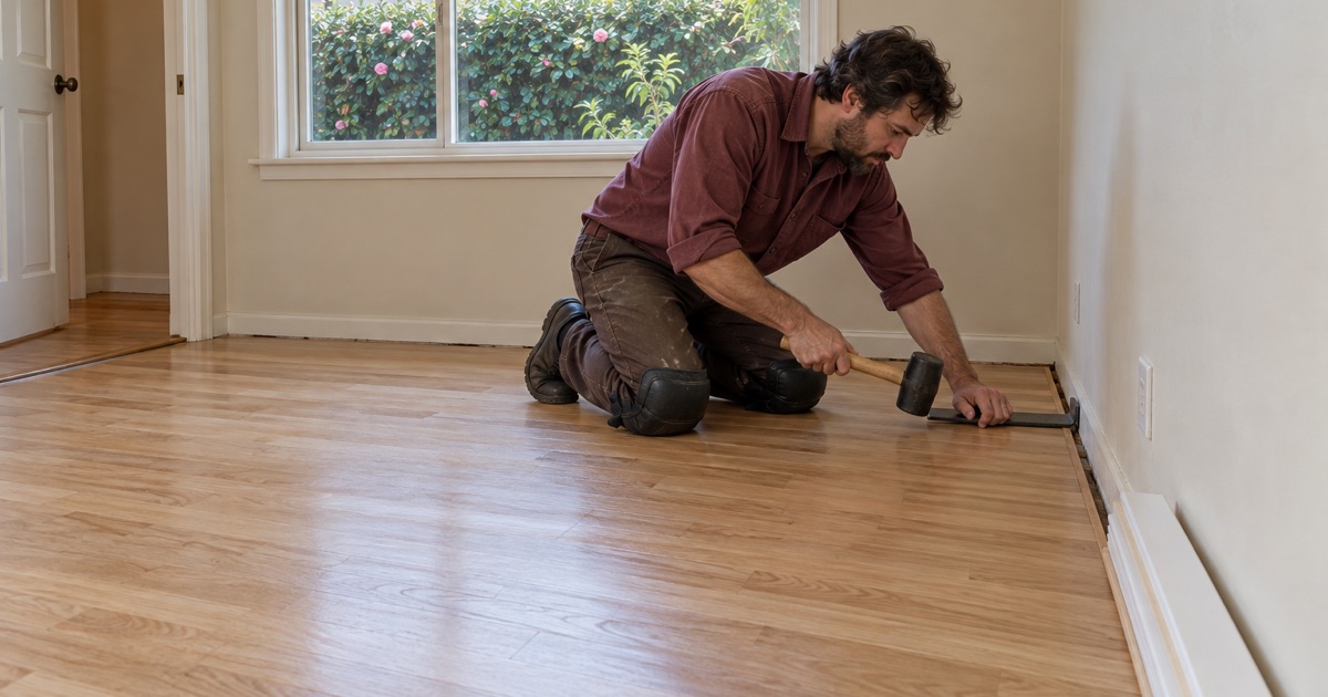 Worker pulling the last row of new white oak flooring tight against a wall with a pull bar in a bedroom of an Arcadia ranch house.