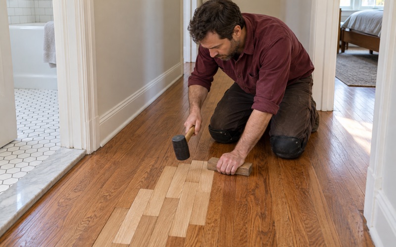Worker tapping a replacement oak board tight into a laced repair in an Arcadia floor, the new strips staggered into the old.