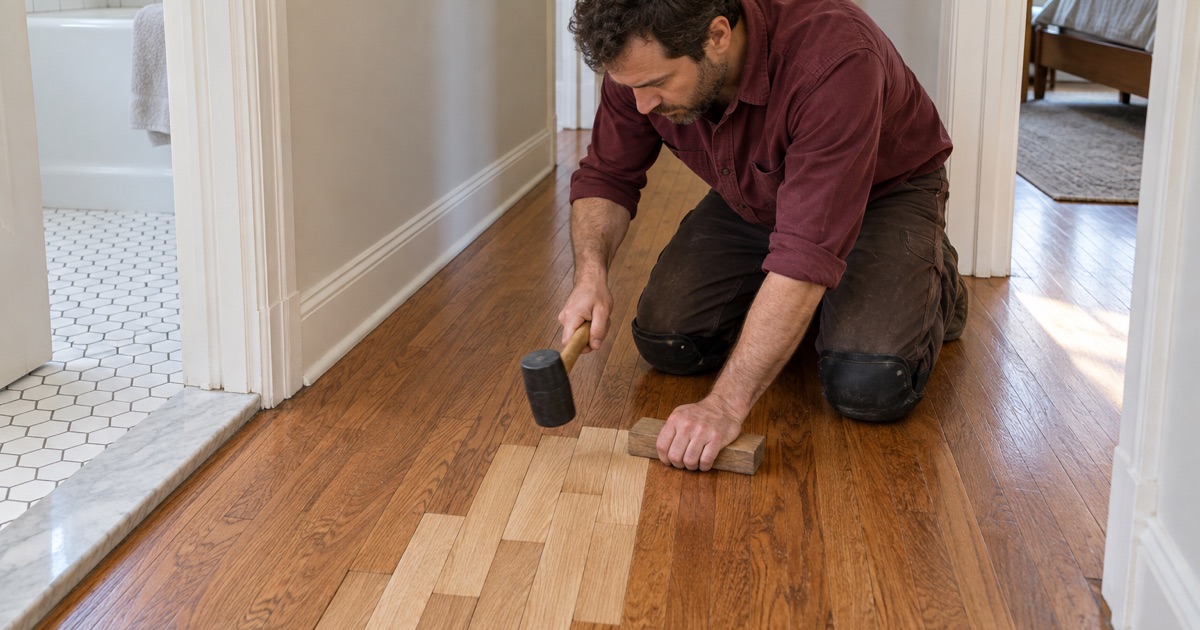 Worker tapping a replacement oak board tight into a laced repair in an Arcadia floor, the new strips staggered into the old.