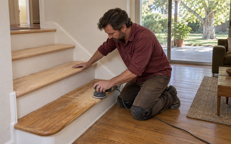Worker sanding an oak stair tread by hand with a palm sander on the steps down to a sunken den in an Arcadia ranch house.