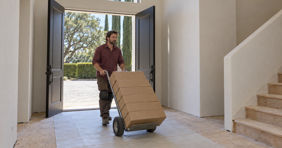 Worker wheeling a hand truck of engineered oak flooring cartons into the two-story entry of a large new house in Arcadia.