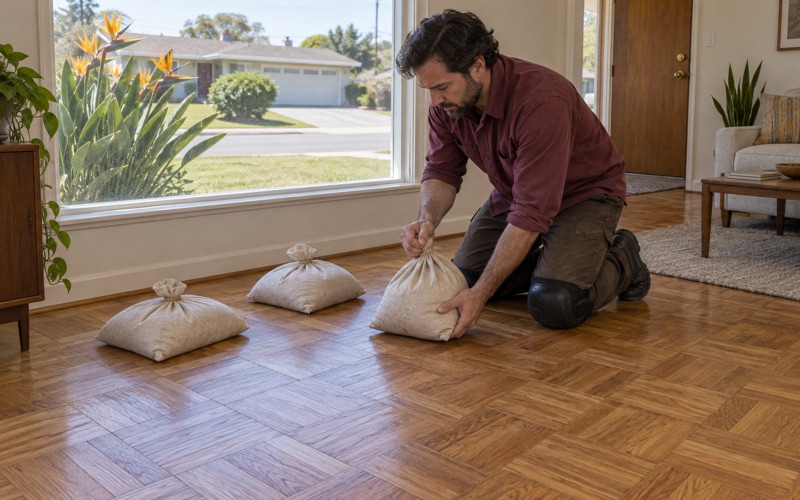 Worker setting a sandbag onto reglued oak parquet squares in a 1960s Arcadia living room so the adhesive cures with the squares held flat.