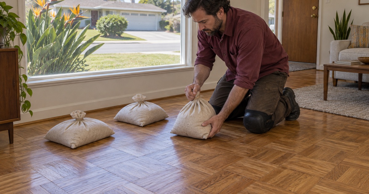 Worker setting a sandbag onto reglued oak parquet squares in a 1960s Arcadia living room so the adhesive cures with the squares held flat.