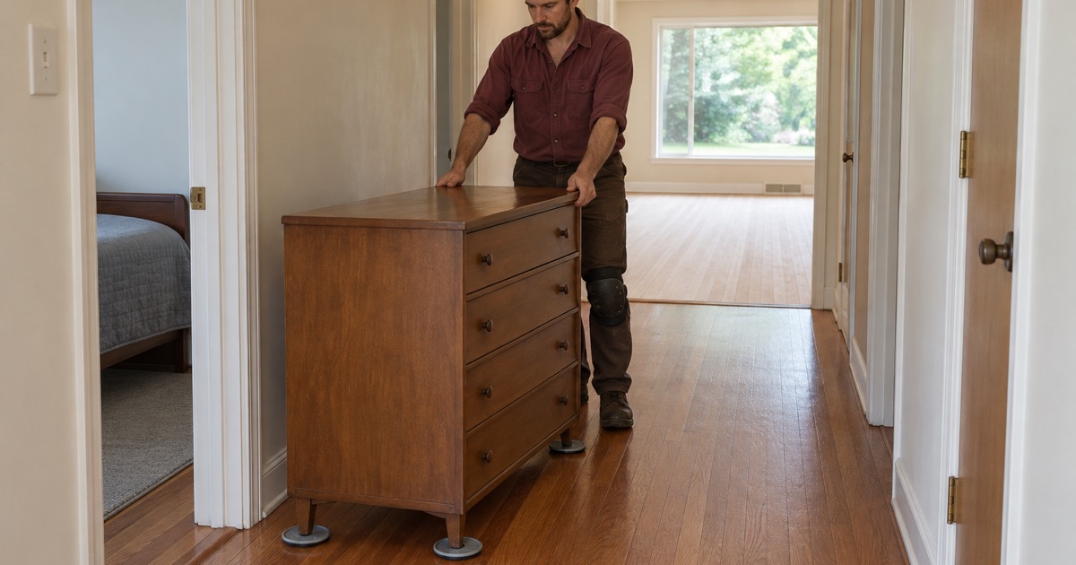 Worker sliding a dresser on furniture sliders out of a room about to be sanded, so the rest of the Arcadia house stays in use.