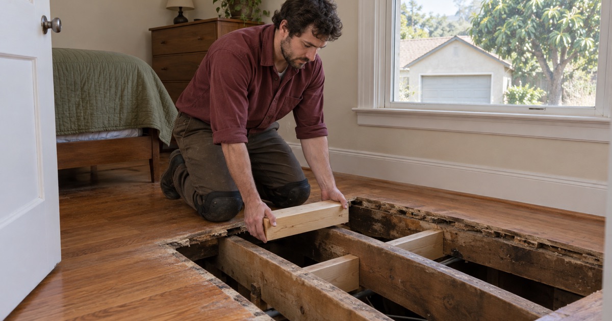 Worker dropping new solid wood blocking between floor joists where a sagging section of floor has been opened up in an Arcadia house.