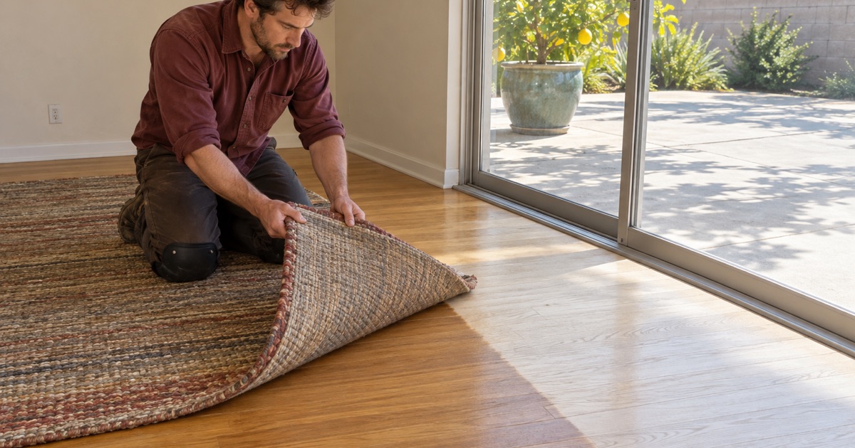 Worker folding back an area rug beside a sliding glass door in an Arcadia house to show where sun has faded the oak floor around it.