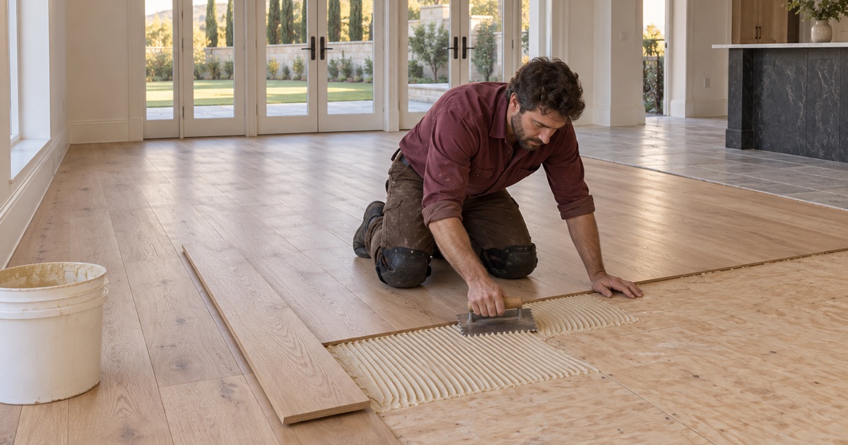Worker spreading flooring adhesive with a notched trowel ahead of wide white oak planks in the great room of a large new Arcadia house.